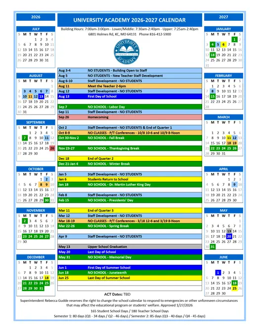 University Academy 2026–2027 Academic Calendar Page 1