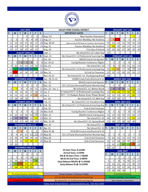 Valley Park School District 2026–2027 Academic Calendar Page 1