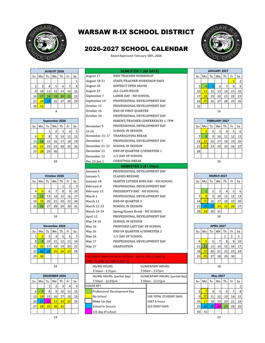 Warsaw R-Ix School District 2026–2027 Academic Calendar Page 1