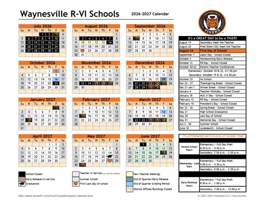 Waynesville R-Vi Schools 2026–2027 Academic Calendar Page 1