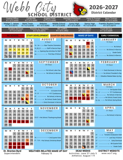 Webb City School District 2026–2027 Academic Calendar