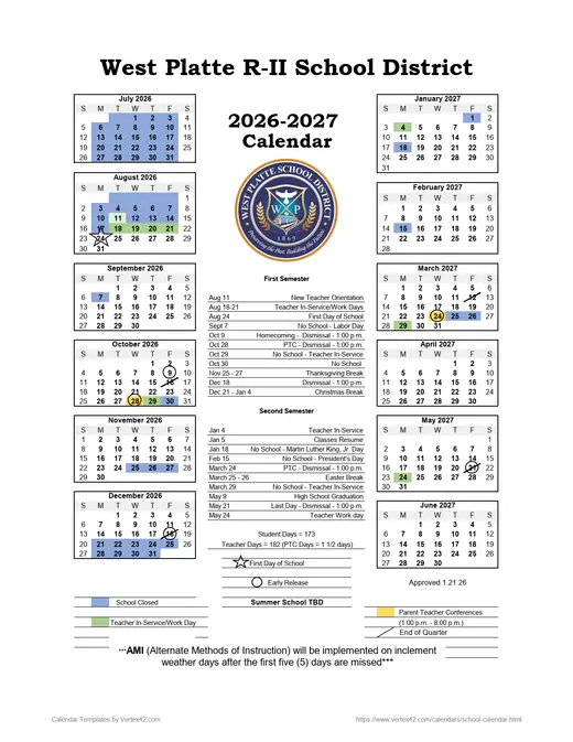 West Platte R-II School District 2026–2027 Academic Calendar Page 1