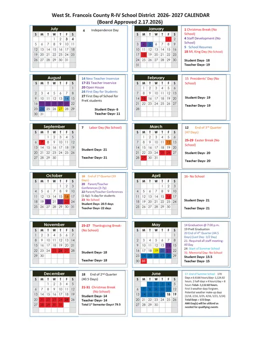 West St. Francois County R-IV School District 2026–2027 Academic Calendar Page 1