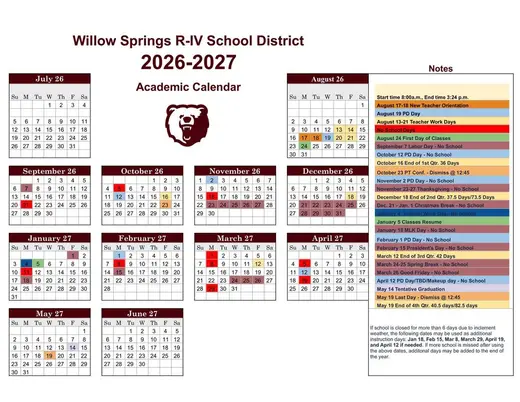 Willow Springs R-IV School District 2026–2027 Academic Calendar Page 1