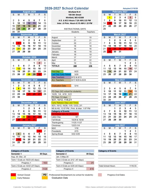 Winfield R-IV 2026–2027 Academic Calendar Page 1