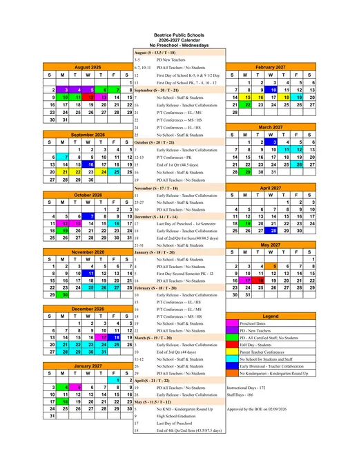 Beatrice Public Schools 2026–2027 Academic Calendar