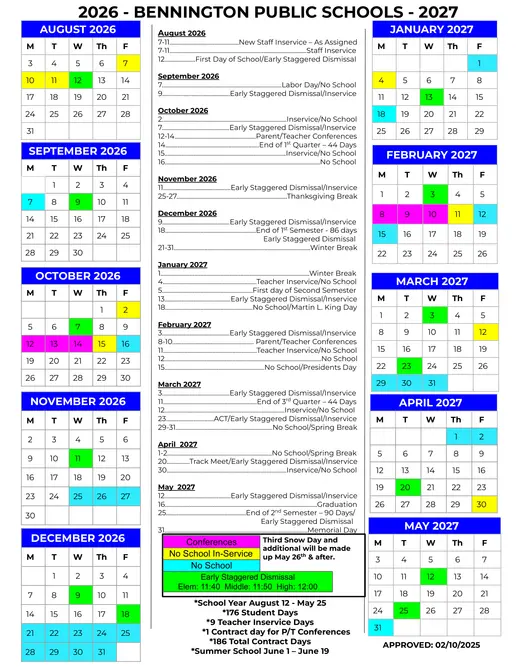 Bennington Public Schools 2026–2027 Academic Calendar