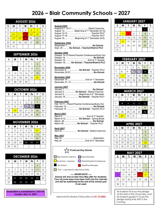 Blair Community Schools 2026–2027 Academic Calendar Page 1