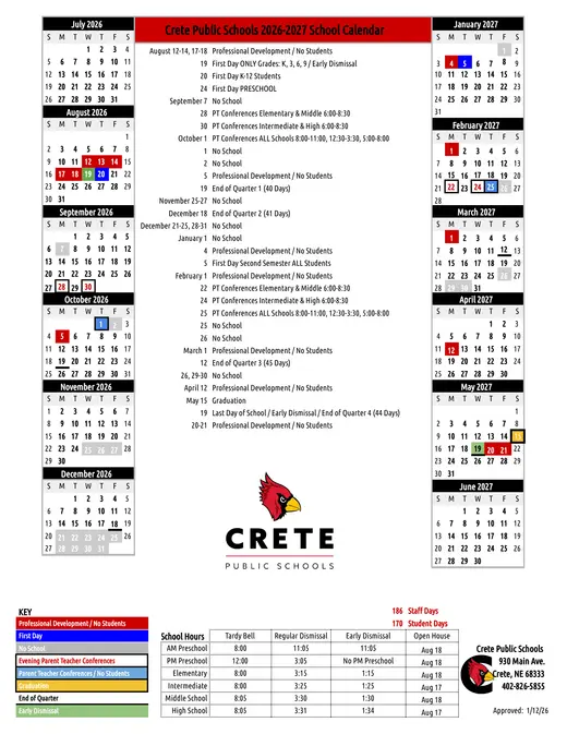 Crete Public Schools 2026–2027 Academic Calendar