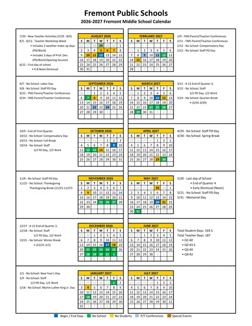 Fremont Middle School 2026–2027 Academic Calendar