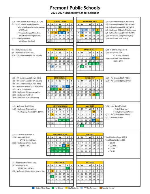 Fremont Public Schools 2026–2027 Academic Calendar