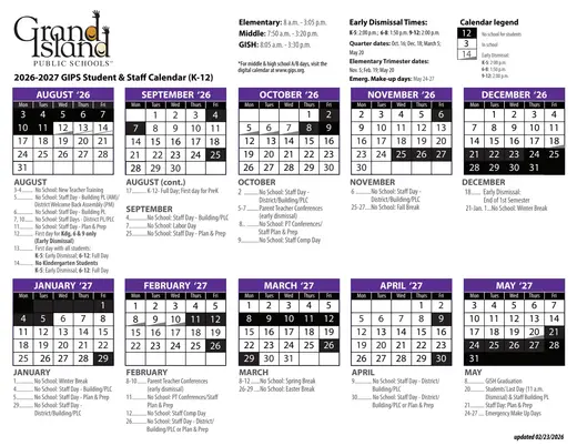 Grand Island Public Schools 2026–2027 Academic Calendar