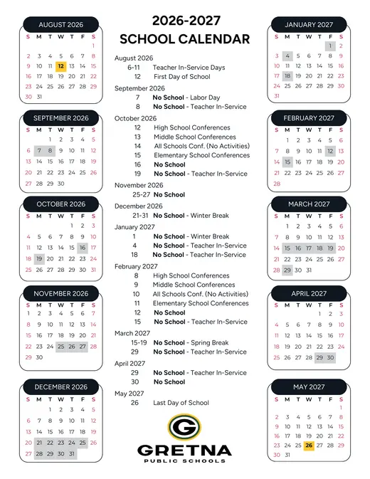 Gretna Public Schools 2026–2027 Academic Calendar