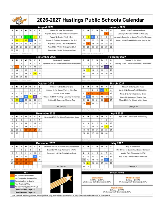 Hastings Public Schools 2026–2027 Academic Calendar