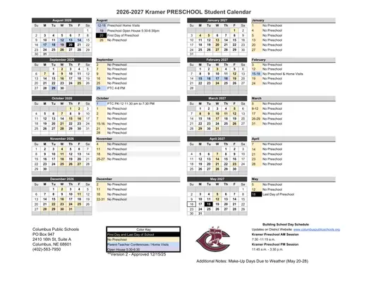 Kramer Preschool 2026–2027 Academic Calendar Page 1