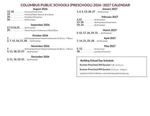 Kramer Preschool 2026–2027 Academic Calendar Page 2