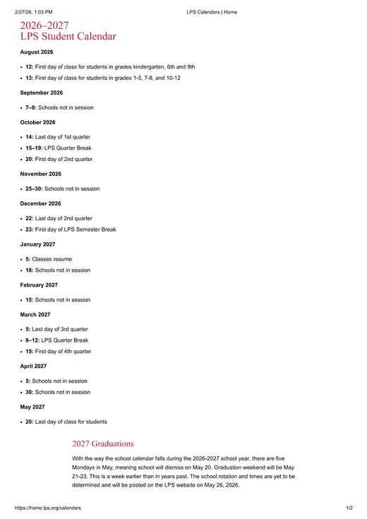 LPS 2026–2027 Academic Calendar Page 1