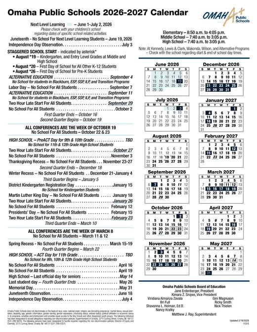 Omaha Public Schools 2026–2027 Academic Calendar