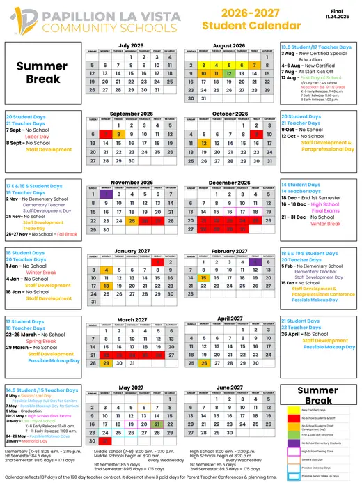 Papillion La Vista Community Schools 2026–2027 Academic Calendar