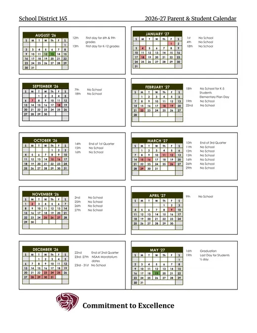 School District 145 2026–2027 Academic Calendar Page 1