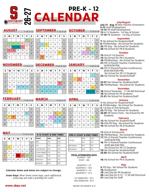 Scottsbluff Public Schools 2026–2027 Academic Calendar