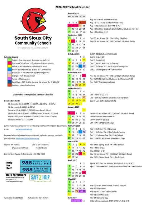 South Sioux City Community Schools 2026–2027 Academic Calendar