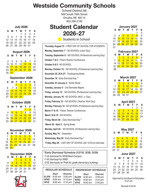 Westside Community Schools 2026–2027 Academic Calendar