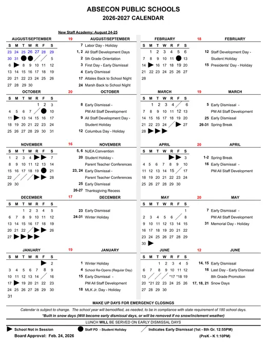 Absecon Public Schools 2026–2027 Academic Calendar