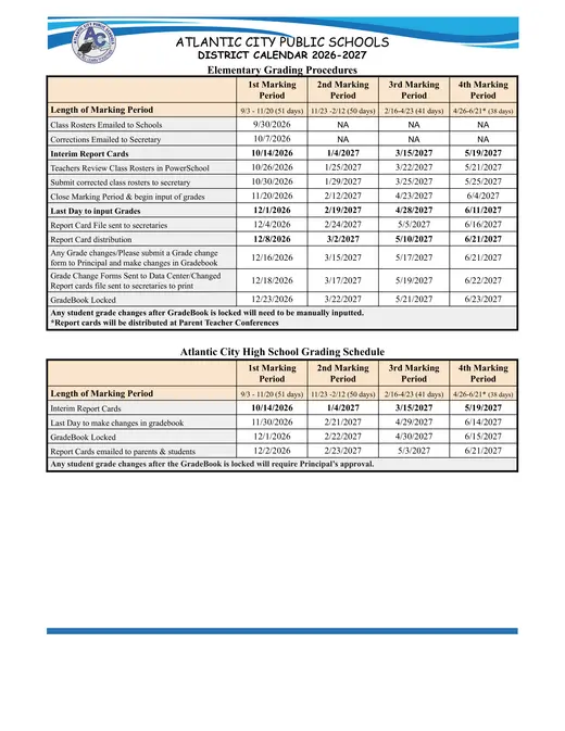 Atlantic City Public Schools 2026–2027 Academic Calendar Page 2