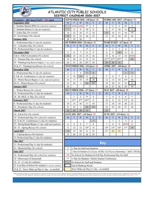 Atlantic City Public Schools 2026–2027 Academic Calendar Page 1