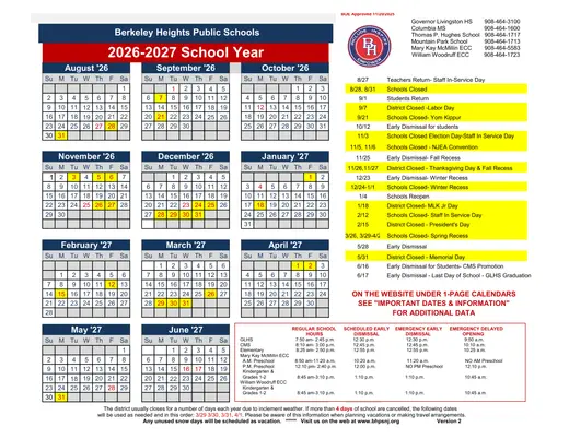 Berkeley Heights Public Schools 2026–2027 Academic Calendar