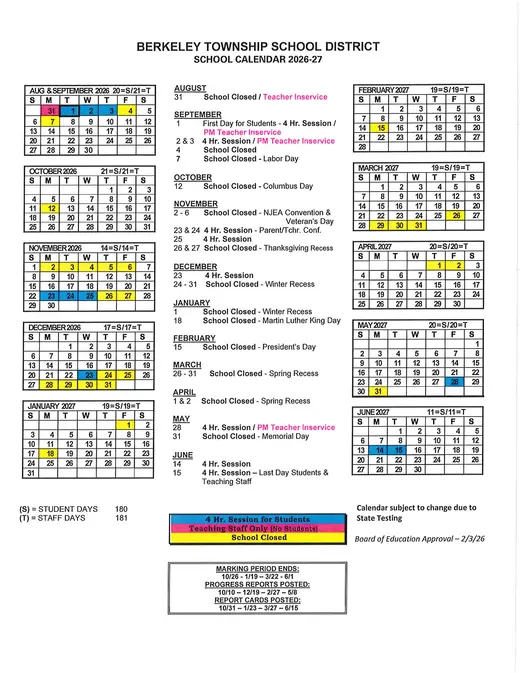 Berkeley Township School District 2026–2027 Academic Calendar