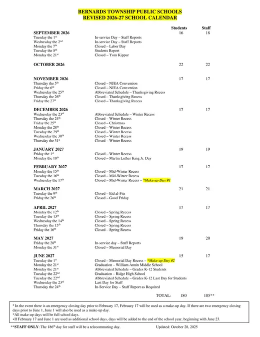 Bernards Township Public Schools 2026–2027 Academic Calendar