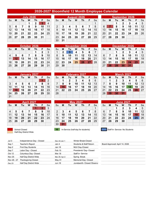 Bloomfield School District 2026–2027 Academic Calendar