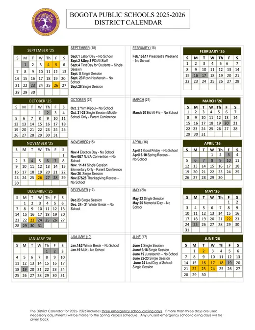 Bogota Public Schools 2025–2026 Academic Calendar