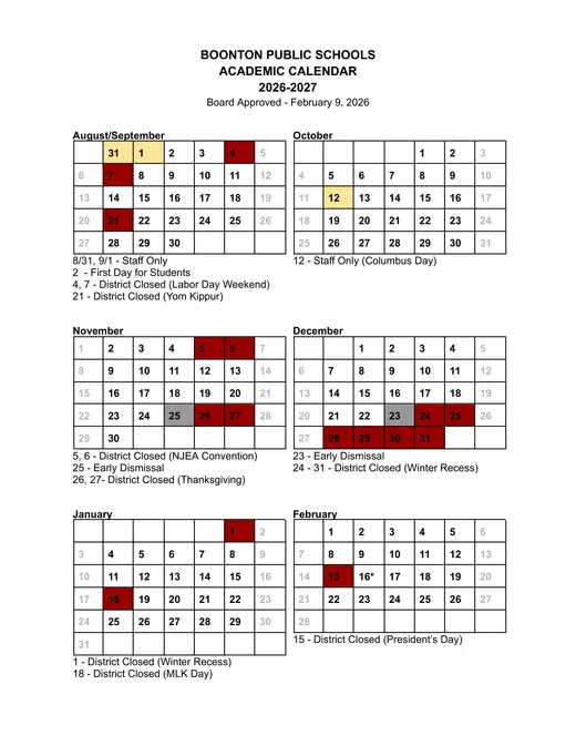 Boonton Public Schools 2026–2027 Academic Calendar Page 1