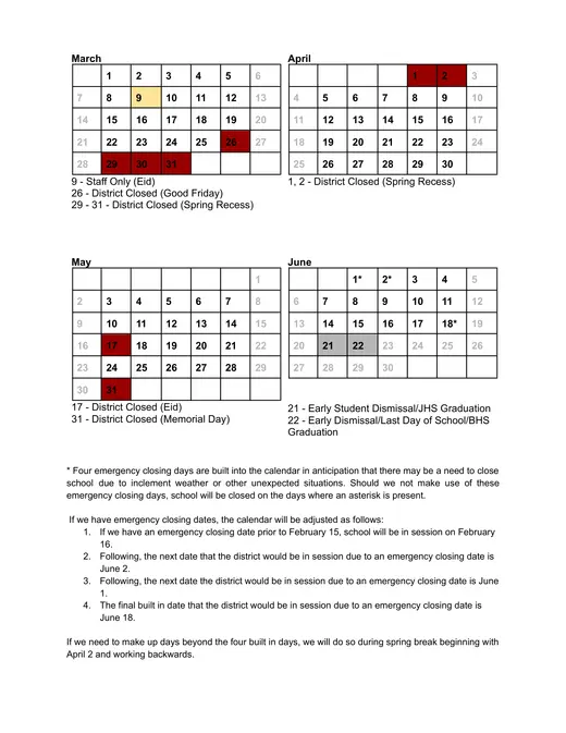 Boonton Public Schools 2026–2027 Academic Calendar Page 2