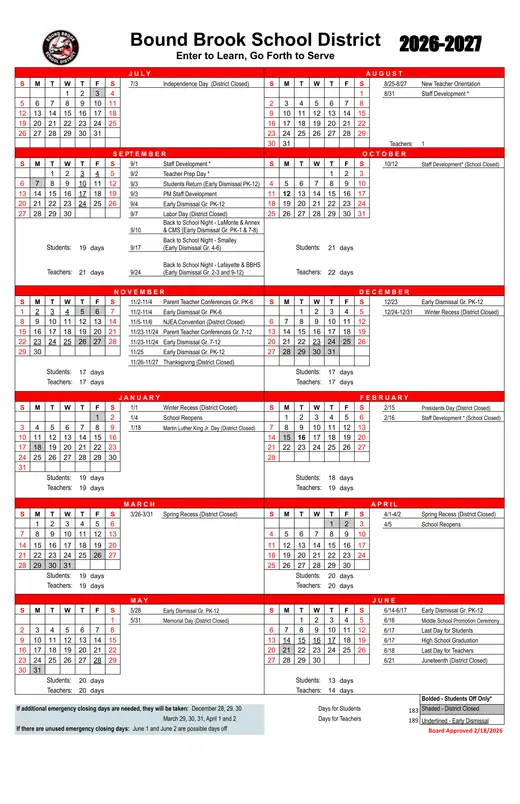 Bound Brook School District 2026–2027 Academic Calendar Page 1