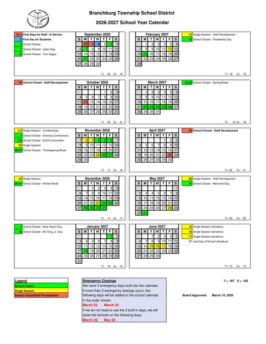 Branchburg Township School District 2026–2027 Academic Calendar
