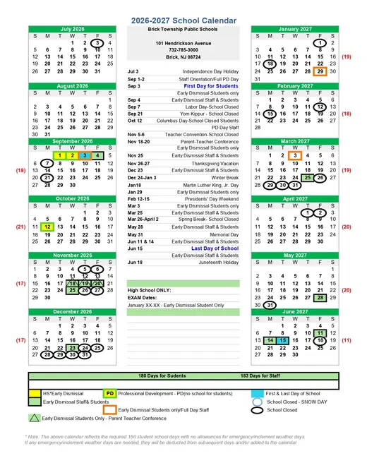 Brick Township Public Schools 2025–2026 Academic Calendar