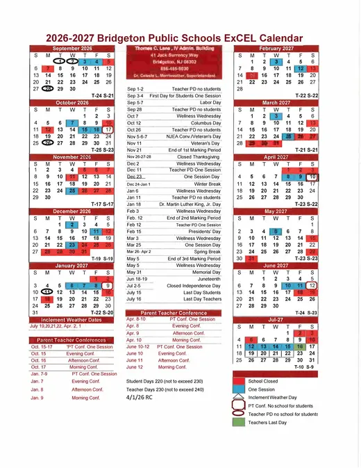 Bridgeton Public Schools 2026–2027 Academic Calendar