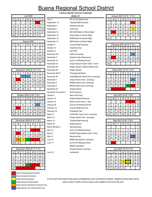 Buena Regional School District 2026–2027 Academic Calendar Page 1