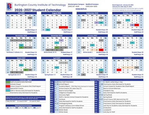 Burlington County Institute of Technology 2026–2027 Academic Calendar