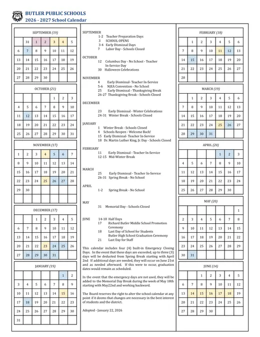 Butler Public Schools 2026–2027 Academic Calendar
