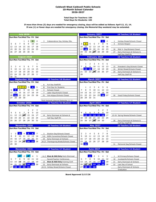 Caldwell-West Caldwell Public Schools 2026–2027 Academic Calendar
