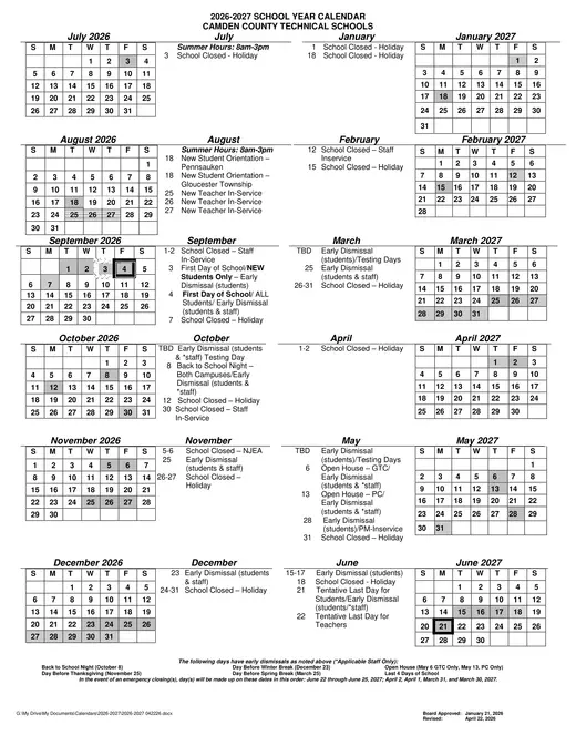 Camden County Technical Schools 2026–2027 Academic Calendar Page 1