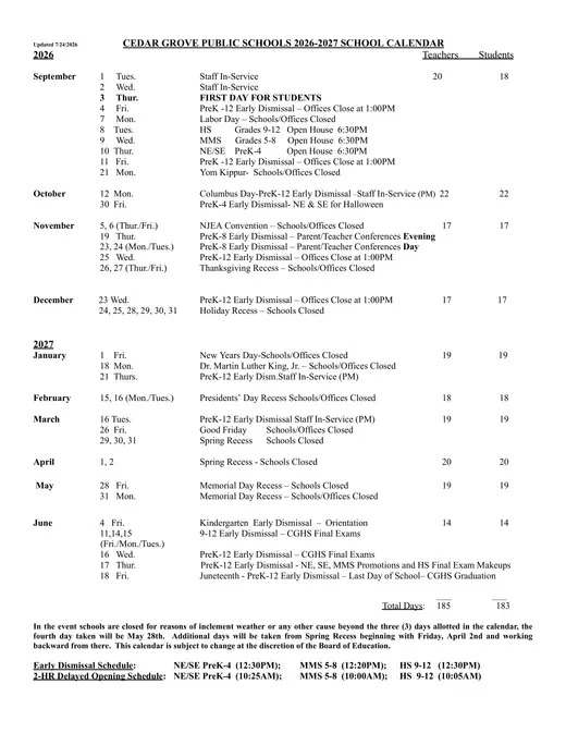 Cedar Grove Public Schools 2026–2027 Academic Calendar Page 1