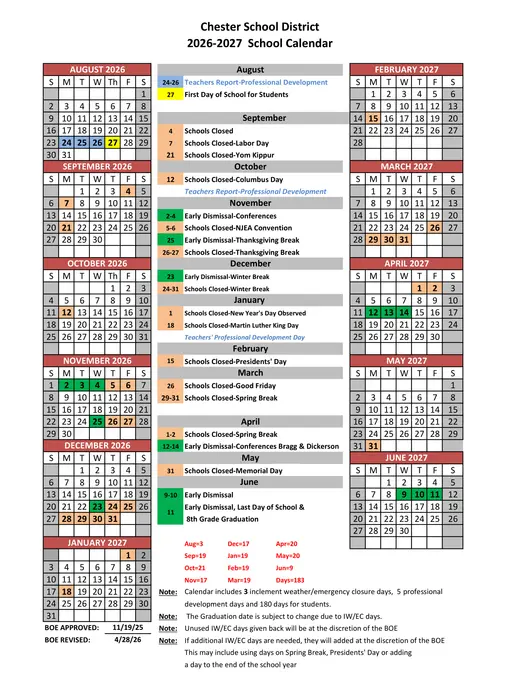 Chester School District 2026–2027 Academic Calendar