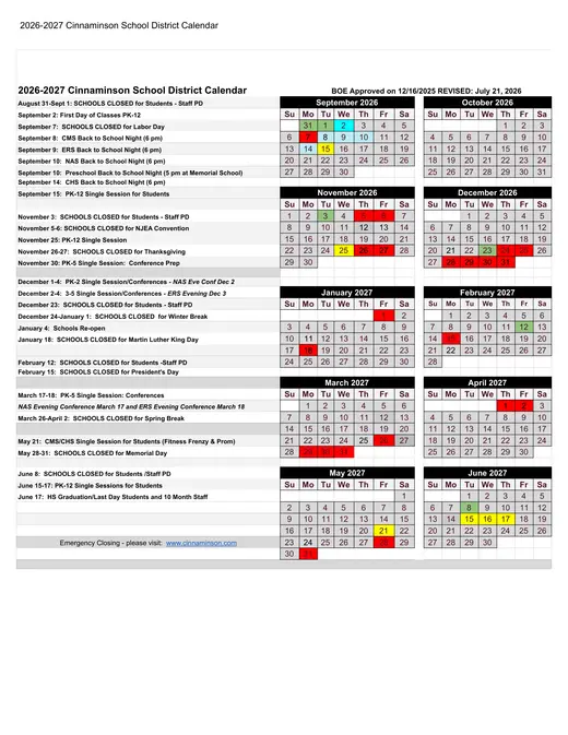 Cinnaminson School District 2026–2027 Academic Calendar Page 1