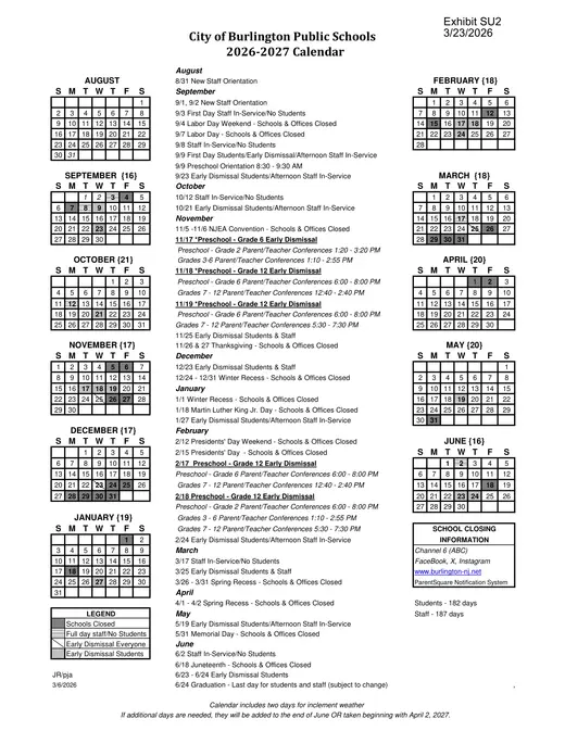 City of Burlington Public Schools 2026–2027 Academic Calendar Page 1